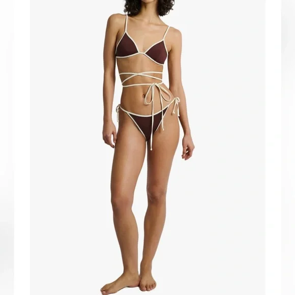 Onia Brown and Cream Cleo Bikini Set Rum/Egret Size M - Picture 2 of 4